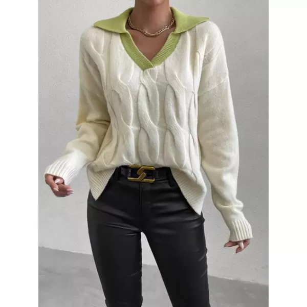 imagechouyatou Womens Cable Knit Side Slit Pullover Sweater Contrast Polo V Neck Collared Long Sleeve Jumper TopsBeige Greencollar