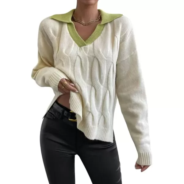 imagechouyatou Womens Cable Knit Side Slit Pullover Sweater Contrast Polo V Neck Collared Long Sleeve Jumper TopsBeige Greencollar