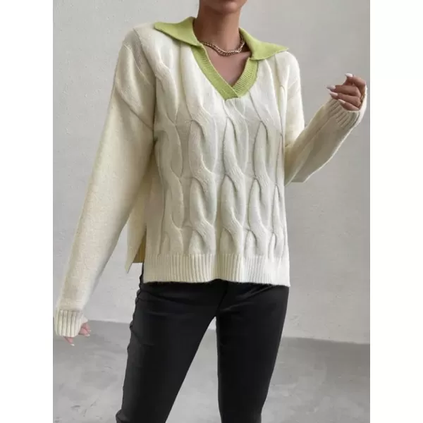 imagechouyatou Womens Cable Knit Side Slit Pullover Sweater Contrast Polo V Neck Collared Long Sleeve Jumper TopsBeige Greencollar