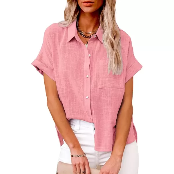 imagechouyatou Womens Casual Short Sleeve Pocket ButtonDown Shirt Summer Linen TopPink
