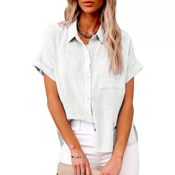 imagechouyatou Womens Casual Short Sleeve Pocket ButtonDown Shirt Summer Linen TopWhite