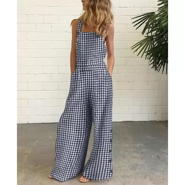 imagechouyatou Womens Casual Spaghetti Strap Plaid Wide Leg Bib Overall Jumpsuit Palazzo Pants with PocketsNavy