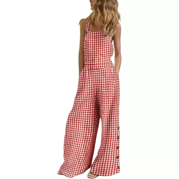 imagechouyatou Womens Casual Spaghetti Strap Plaid Wide Leg Bib Overall Jumpsuit Palazzo Pants with PocketsRed