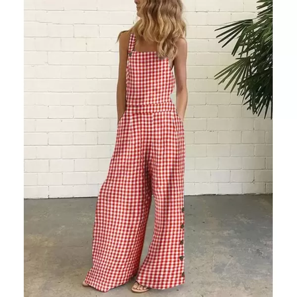 imagechouyatou Womens Casual Spaghetti Strap Plaid Wide Leg Bib Overall Jumpsuit Palazzo Pants with PocketsRed