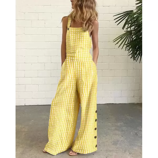 imagechouyatou Womens Casual Spaghetti Strap Plaid Wide Leg Bib Overall Jumpsuit Palazzo Pants with PocketsYellow