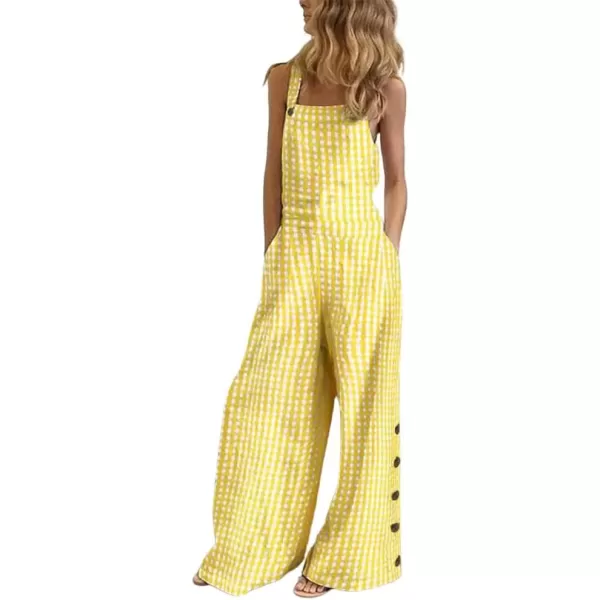 imagechouyatou Womens Casual Spaghetti Strap Plaid Wide Leg Bib Overall Jumpsuit Palazzo Pants with PocketsYellow