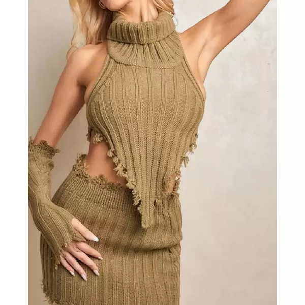 imagechouyatou Womens Clubwear Sweater Skirt Set Sleeveless Turtlenecks Halter Top Mini Knit Skirt 2 Piece OutfitsCamel