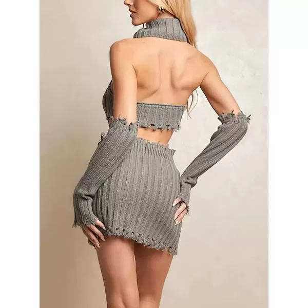 imagechouyatou Womens Clubwear Sweater Skirt Set Sleeveless Turtlenecks Halter Top Mini Knit Skirt 2 Piece OutfitsGrey