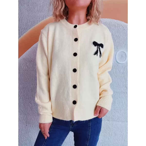 imagechouyatou Womens Color Block Bow Print Cardigan Sweater Crew Neck Button Down Coatigan CoatApricot