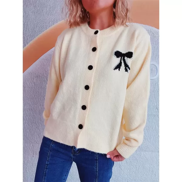 imagechouyatou Womens Color Block Bow Print Cardigan Sweater Crew Neck Button Down Coatigan CoatApricot