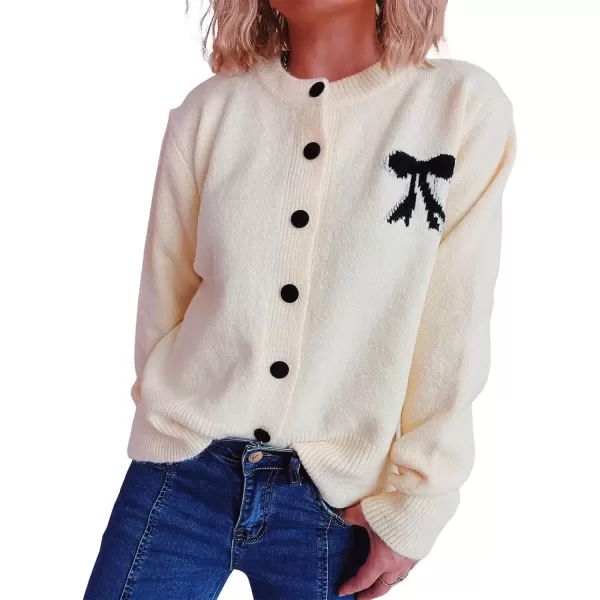 imagechouyatou Womens Color Block Bow Print Cardigan Sweater Crew Neck Button Down Coatigan CoatApricot