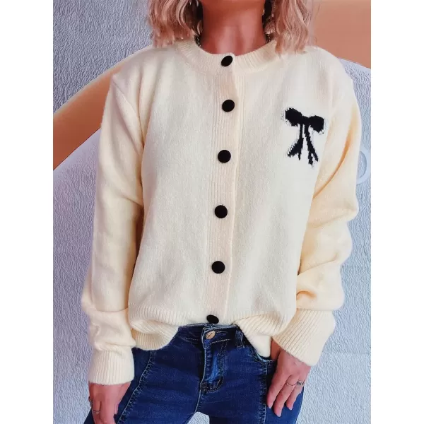 imagechouyatou Womens Color Block Bow Print Cardigan Sweater Crew Neck Button Down Coatigan CoatApricot