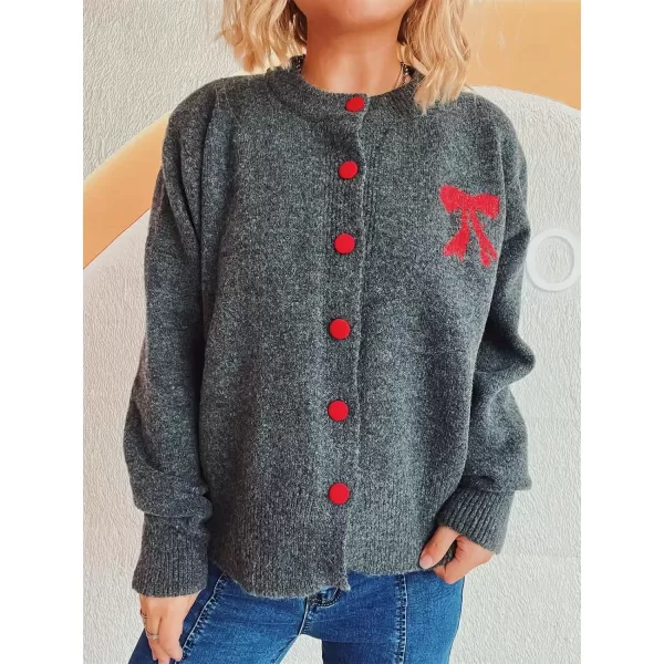 imagechouyatou Womens Color Block Bow Print Cardigan Sweater Crew Neck Button Down Coatigan CoatDark Gray