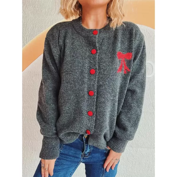imagechouyatou Womens Color Block Bow Print Cardigan Sweater Crew Neck Button Down Coatigan CoatDark Gray