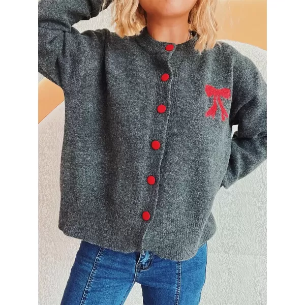 imagechouyatou Womens Color Block Bow Print Cardigan Sweater Crew Neck Button Down Coatigan CoatDark Gray