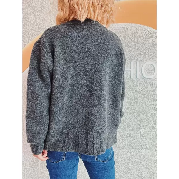 imagechouyatou Womens Color Block Bow Print Cardigan Sweater Crew Neck Button Down Coatigan CoatDark Gray