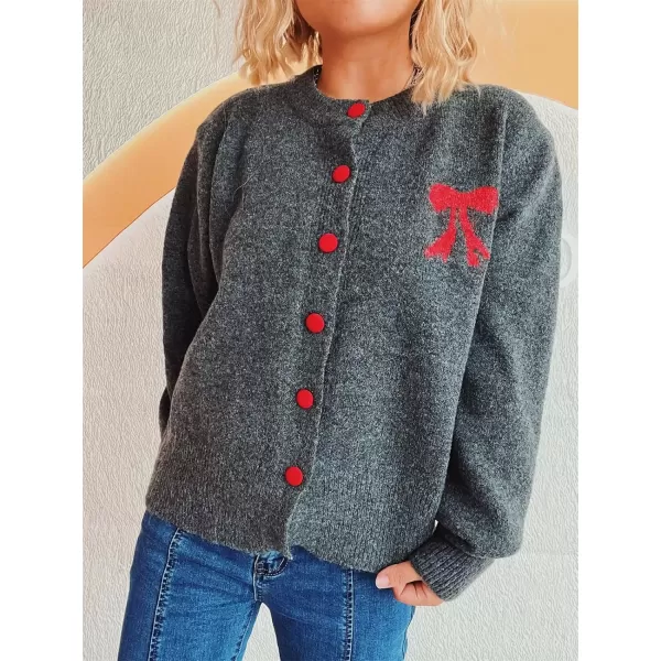 imagechouyatou Womens Color Block Bow Print Cardigan Sweater Crew Neck Button Down Coatigan CoatDark Gray
