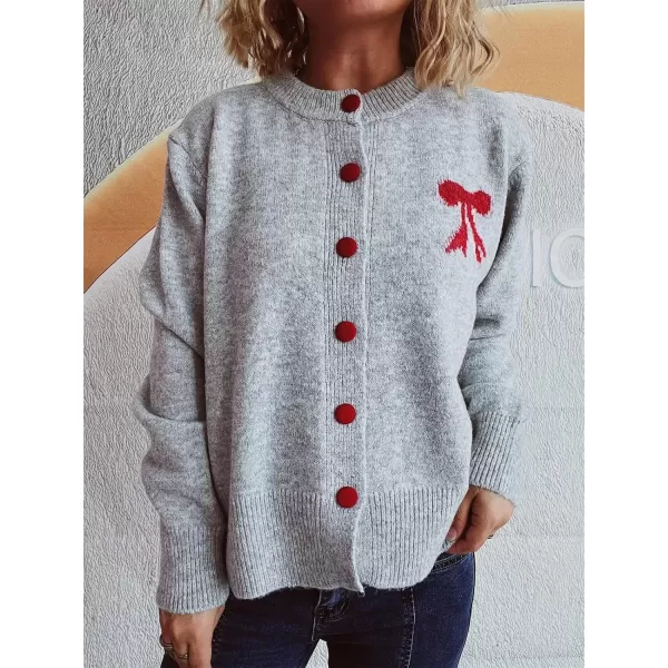 imagechouyatou Womens Color Block Bow Print Cardigan Sweater Crew Neck Button Down Coatigan CoatLight Gray