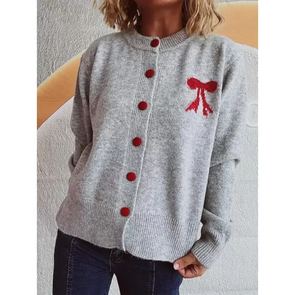 imagechouyatou Womens Color Block Bow Print Cardigan Sweater Crew Neck Button Down Coatigan CoatLight Gray