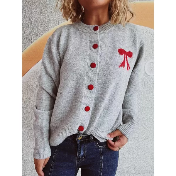 imagechouyatou Womens Color Block Bow Print Cardigan Sweater Crew Neck Button Down Coatigan CoatLight Gray
