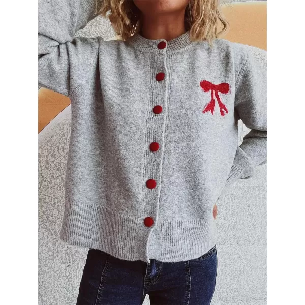 imagechouyatou Womens Color Block Bow Print Cardigan Sweater Crew Neck Button Down Coatigan CoatLight Gray