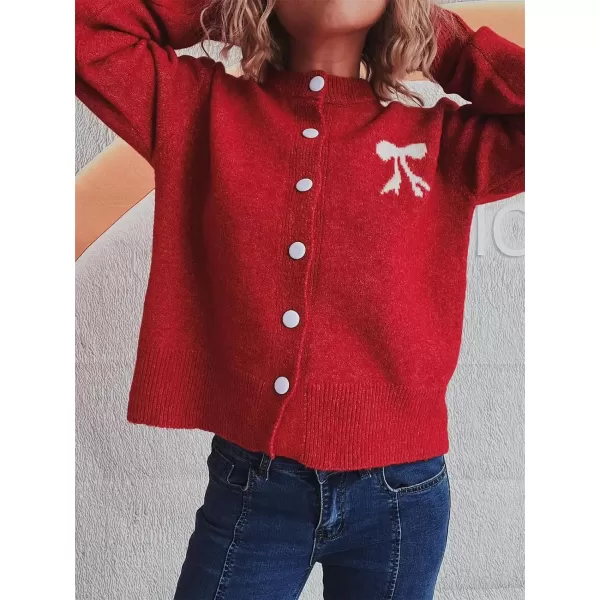 imagechouyatou Womens Color Block Bow Print Cardigan Sweater Crew Neck Button Down Coatigan CoatRed