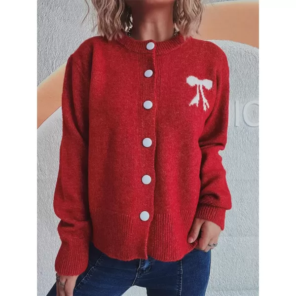 imagechouyatou Womens Color Block Bow Print Cardigan Sweater Crew Neck Button Down Coatigan CoatRed