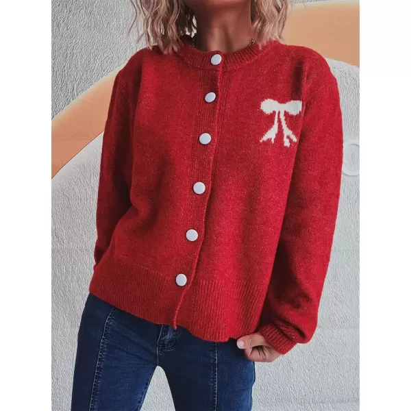 imagechouyatou Womens Color Block Bow Print Cardigan Sweater Crew Neck Button Down Coatigan CoatRed
