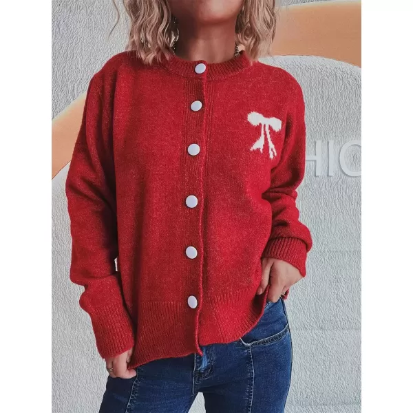 imagechouyatou Womens Color Block Bow Print Cardigan Sweater Crew Neck Button Down Coatigan CoatRed