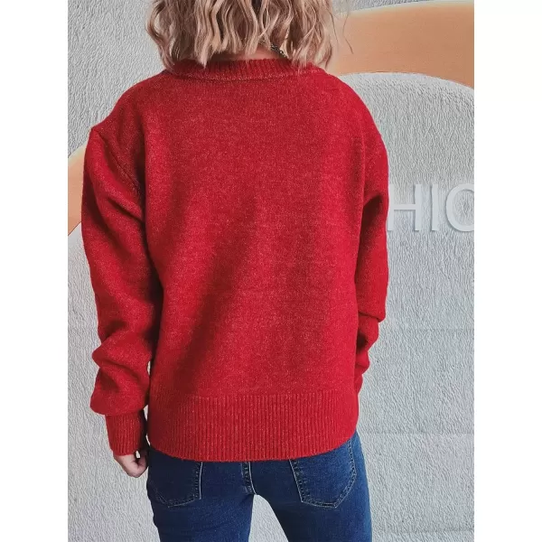 imagechouyatou Womens Color Block Bow Print Cardigan Sweater Crew Neck Button Down Coatigan CoatRed