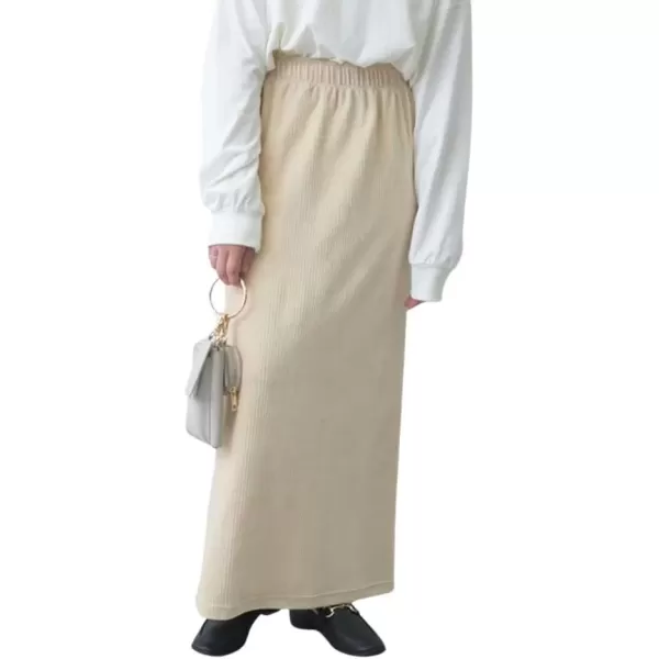 imagechouyatou Womens Cute Corduroy Midi Long Skirt High Elastic Waist Back Slit Vintage Maxi SkirtBeige