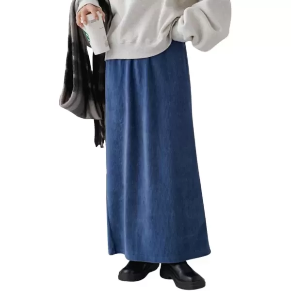 imagechouyatou Womens Cute Corduroy Midi Long Skirt High Elastic Waist Back Slit Vintage Maxi SkirtBlue