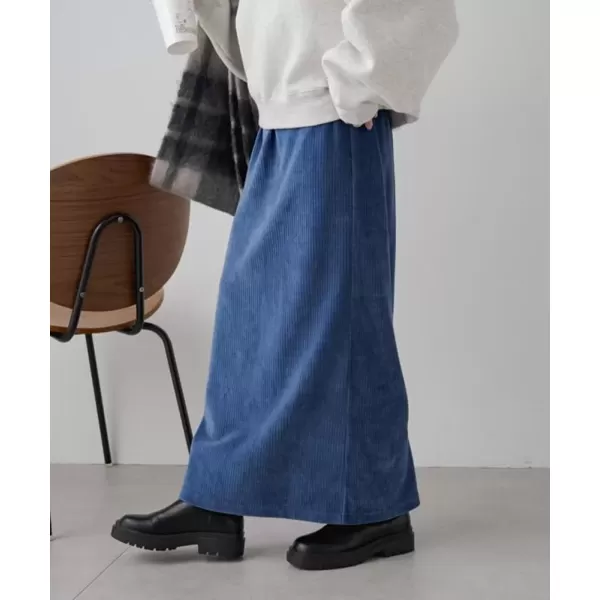 imagechouyatou Womens Cute Corduroy Midi Long Skirt High Elastic Waist Back Slit Vintage Maxi SkirtBlue
