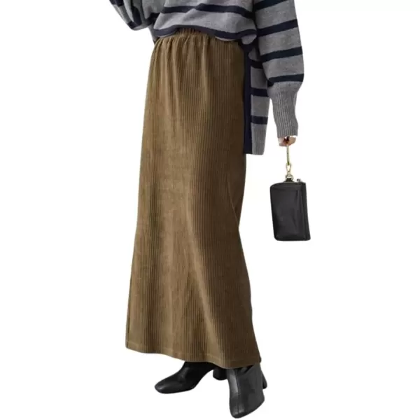 imagechouyatou Womens Cute Corduroy Midi Long Skirt High Elastic Waist Back Slit Vintage Maxi SkirtBrown