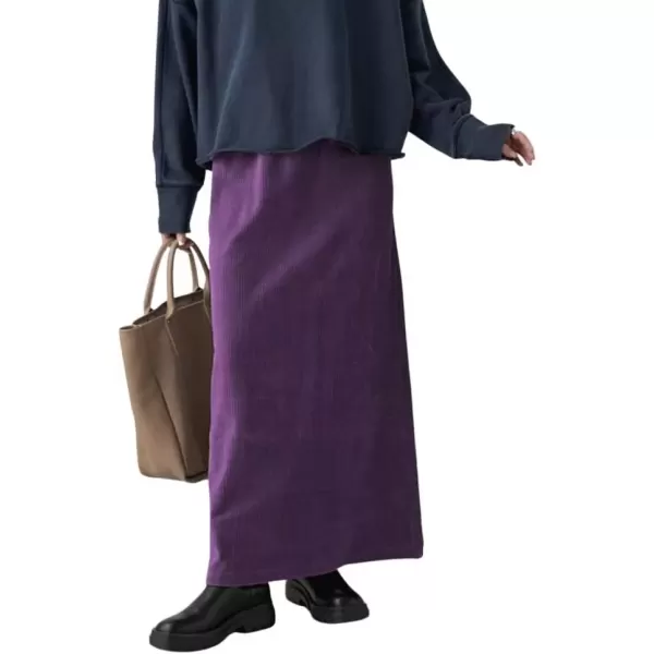 imagechouyatou Womens Cute Corduroy Midi Long Skirt High Elastic Waist Back Slit Vintage Maxi SkirtPurple