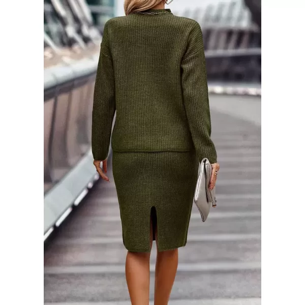 imagechouyatou Womens Fall 2 Piece Outfits Ribbed Knit Mock Neck Sweater Top Split Bodycon Pencil Skirt SetsArmy Green