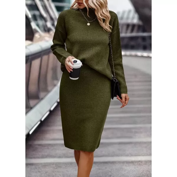 imagechouyatou Womens Fall 2 Piece Outfits Ribbed Knit Mock Neck Sweater Top Split Bodycon Pencil Skirt SetsArmy Green