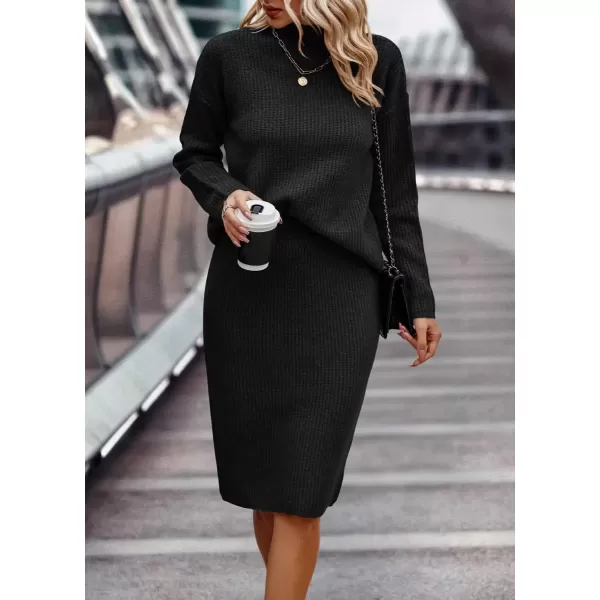 imagechouyatou Womens Fall 2 Piece Outfits Ribbed Knit Mock Neck Sweater Top Split Bodycon Pencil Skirt SetsBlack