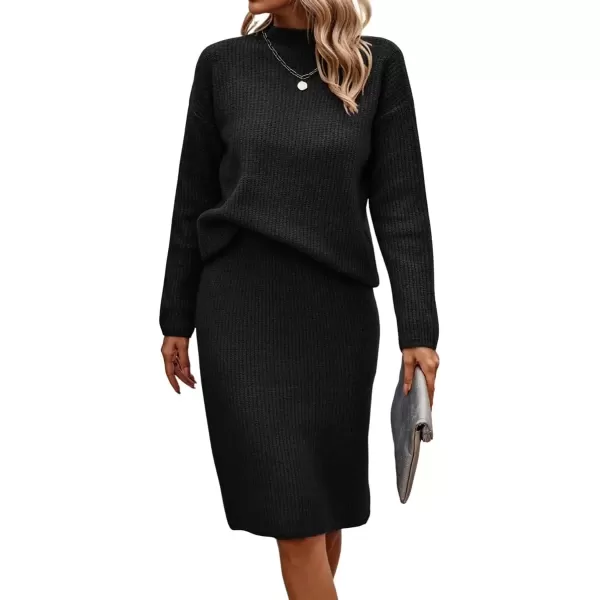 imagechouyatou Womens Fall 2 Piece Outfits Ribbed Knit Mock Neck Sweater Top Split Bodycon Pencil Skirt SetsBlack