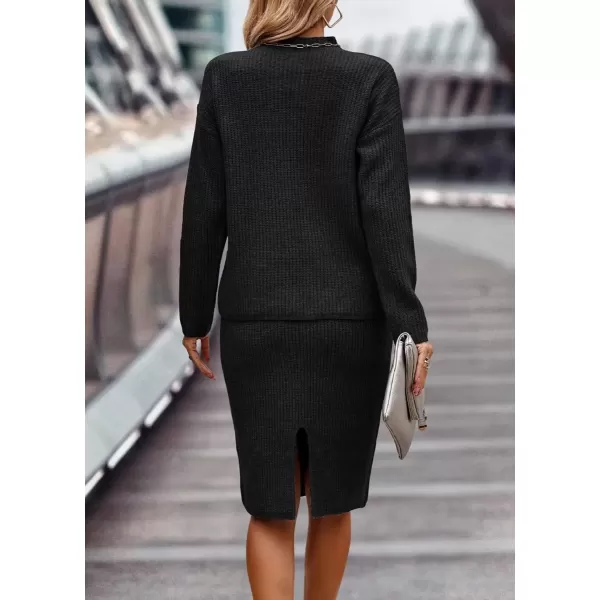 imagechouyatou Womens Fall 2 Piece Outfits Ribbed Knit Mock Neck Sweater Top Split Bodycon Pencil Skirt SetsBlack