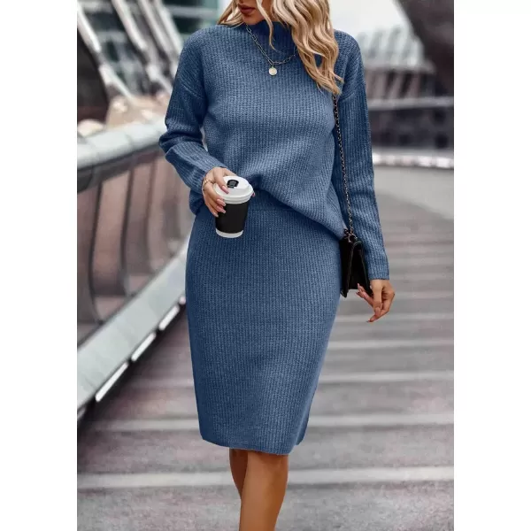 imagechouyatou Womens Fall 2 Piece Outfits Ribbed Knit Mock Neck Sweater Top Split Bodycon Pencil Skirt SetsBlue