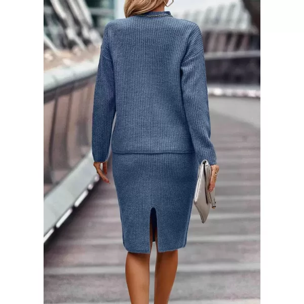 imagechouyatou Womens Fall 2 Piece Outfits Ribbed Knit Mock Neck Sweater Top Split Bodycon Pencil Skirt SetsBlue