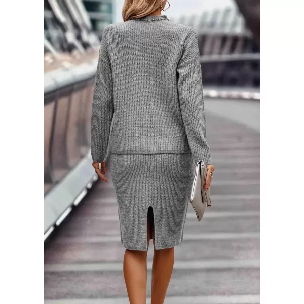 imagechouyatou Womens Fall 2 Piece Outfits Ribbed Knit Mock Neck Sweater Top Split Bodycon Pencil Skirt SetsGrey