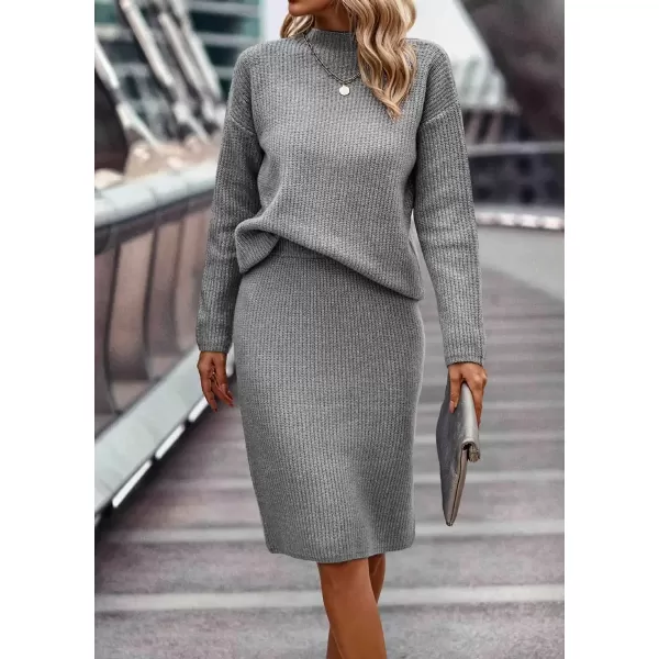 imagechouyatou Womens Fall 2 Piece Outfits Ribbed Knit Mock Neck Sweater Top Split Bodycon Pencil Skirt SetsGrey