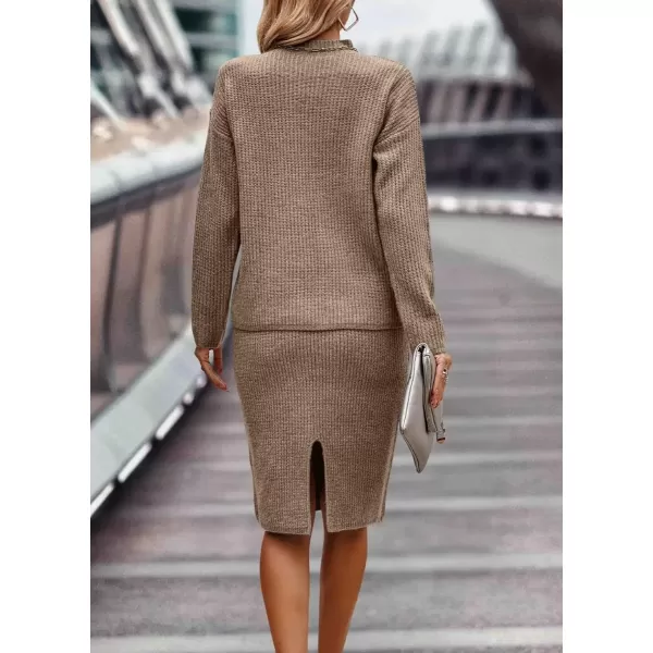 imagechouyatou Womens Fall 2 Piece Outfits Ribbed Knit Mock Neck Sweater Top Split Bodycon Pencil Skirt SetsKhaki