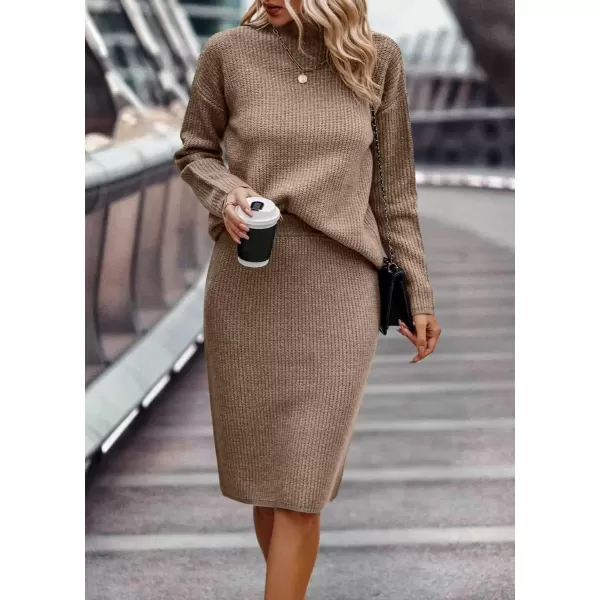 imagechouyatou Womens Fall 2 Piece Outfits Ribbed Knit Mock Neck Sweater Top Split Bodycon Pencil Skirt SetsKhaki
