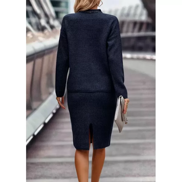 imagechouyatou Womens Fall 2 Piece Outfits Ribbed Knit Mock Neck Sweater Top Split Bodycon Pencil Skirt SetsNavy Blue