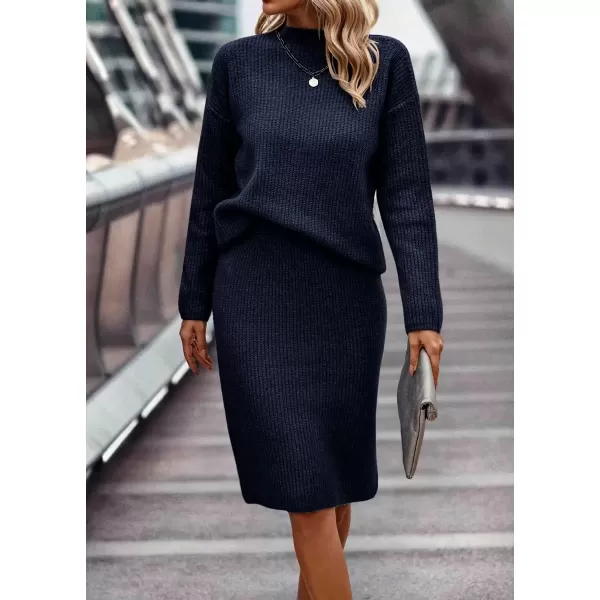 imagechouyatou Womens Fall 2 Piece Outfits Ribbed Knit Mock Neck Sweater Top Split Bodycon Pencil Skirt SetsNavy Blue