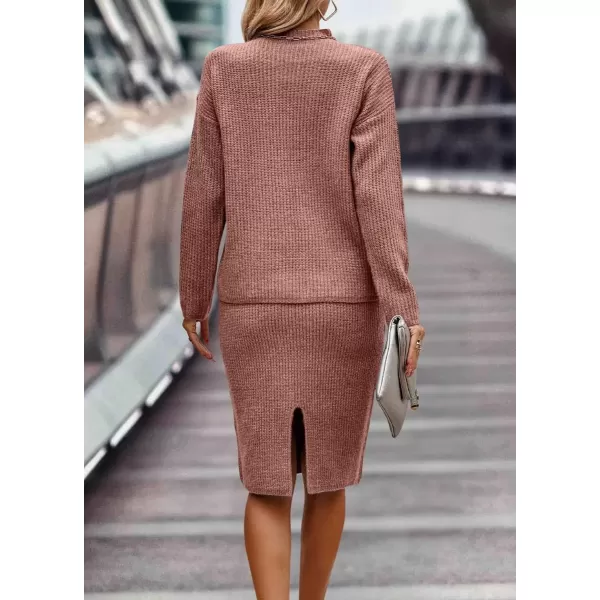 imagechouyatou Womens Fall 2 Piece Outfits Ribbed Knit Mock Neck Sweater Top Split Bodycon Pencil Skirt SetsPink