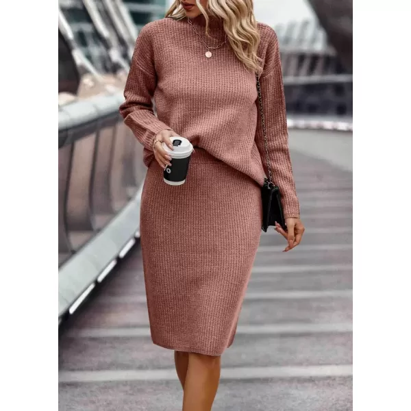 imagechouyatou Womens Fall 2 Piece Outfits Ribbed Knit Mock Neck Sweater Top Split Bodycon Pencil Skirt SetsPink